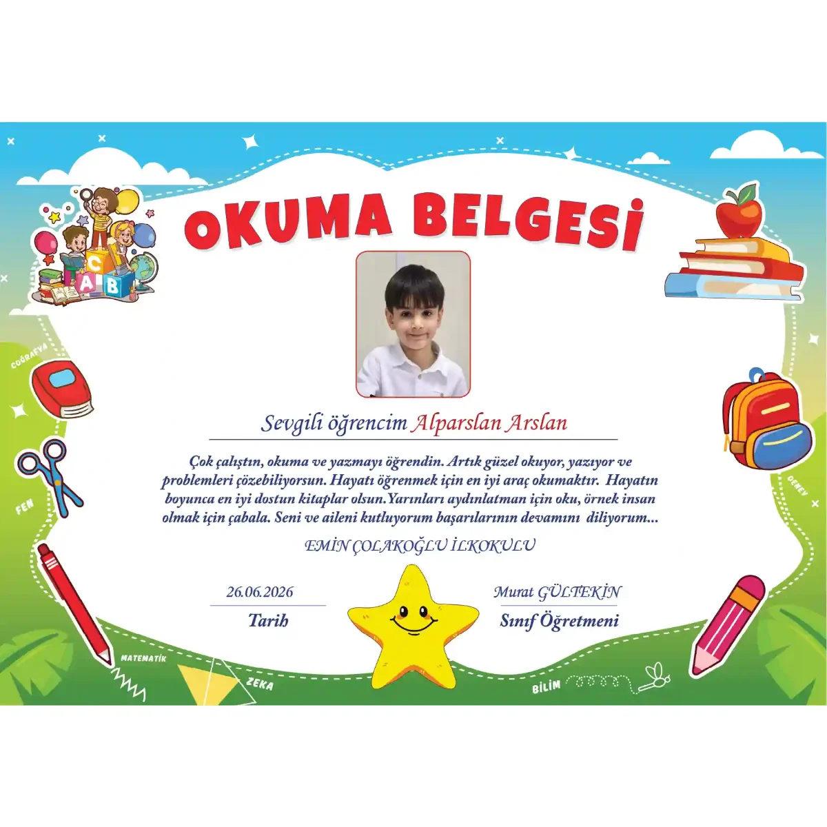 Kişiye Özel Fotoğraflı Okuyorum Belgesi