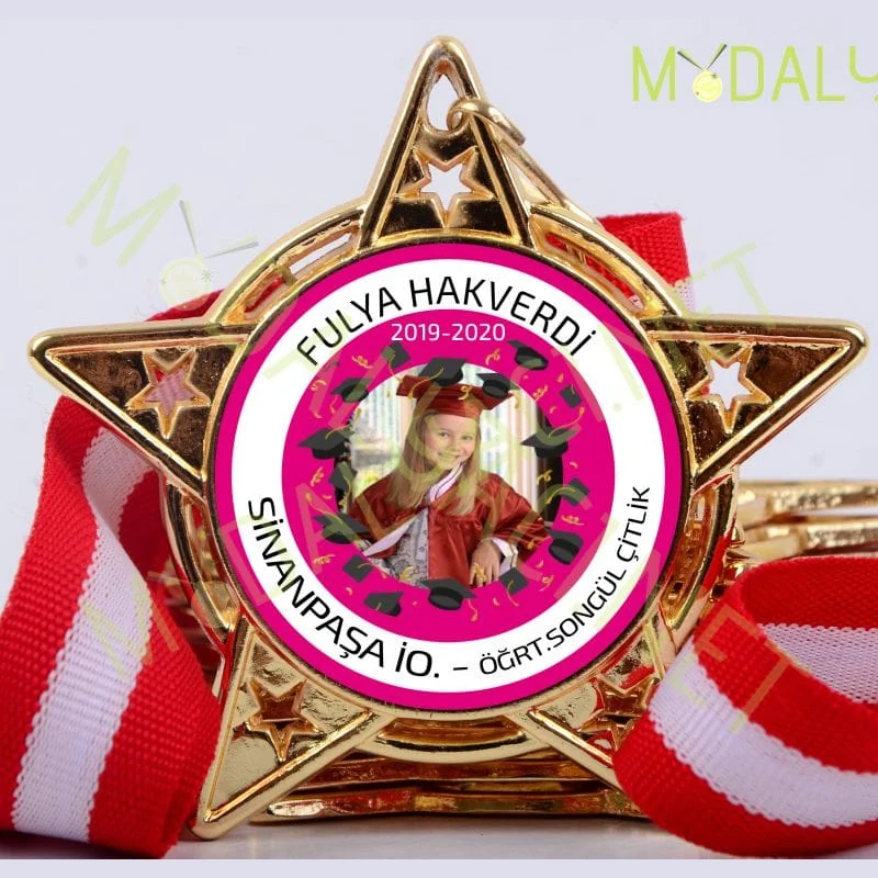 Yıldız Mezuniyet Madalyası - Çiçekli Fotoğraflı Yıldız Mezuniyet Madalyası - Çiçekli Fotoğraflı